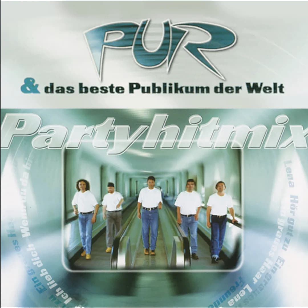 Albumcover mit PUR Logo und Schriftzug Partyhitminix, fünf Personen auf Rolltreppe in weißen Hemden