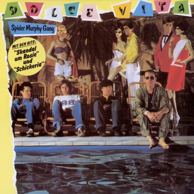 Albumcover der Spider Murphy Gang mit Bandname oben und Bandmitgliedern am Pool in Freizeitkleidung