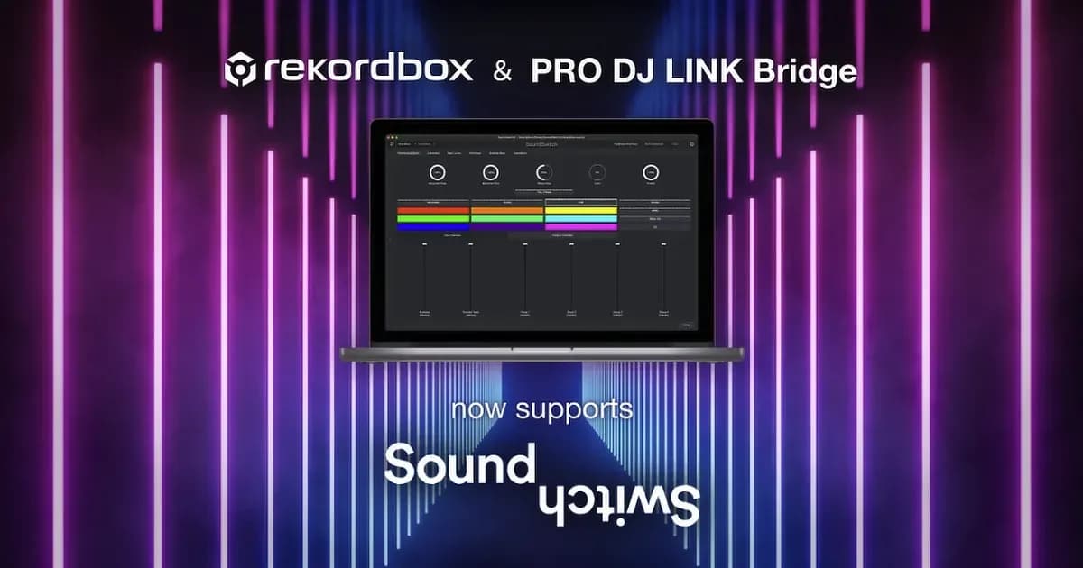 Grafik mit Recordbox-Logo, Laptop-Display mit Equalizer-Elementen, Text zu Pro DJ Link Bridge und SoundSwitch-Integration