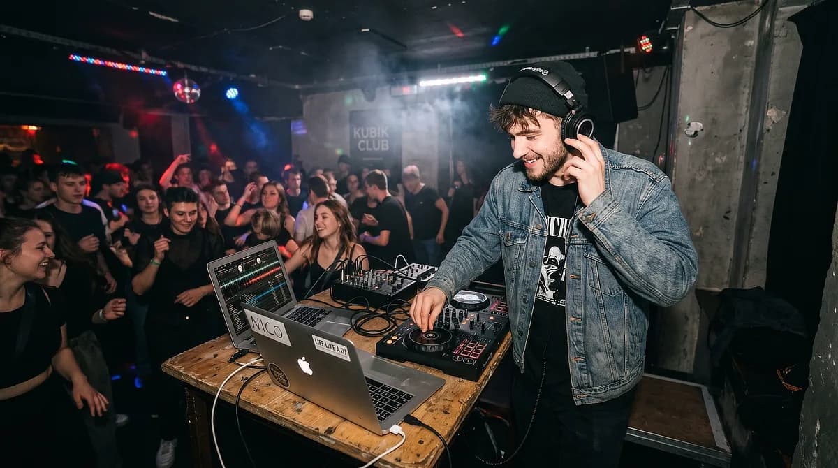 DJ mit Kopfhörern und Laptop an Mischpult in Club, tanzende Menschen im Hintergrund