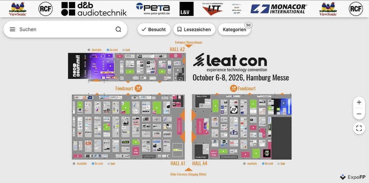 Interaktiver Messeplan der Leat Con mit farblich gekennzeichneten Ausstellungshallen und Markenlogos